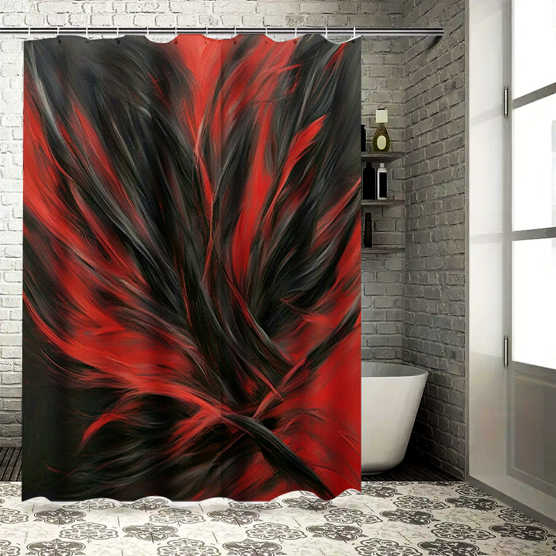 Home Decor Bathroom Ideas - Tirai Mandi Cetak Abstrak Merah dan