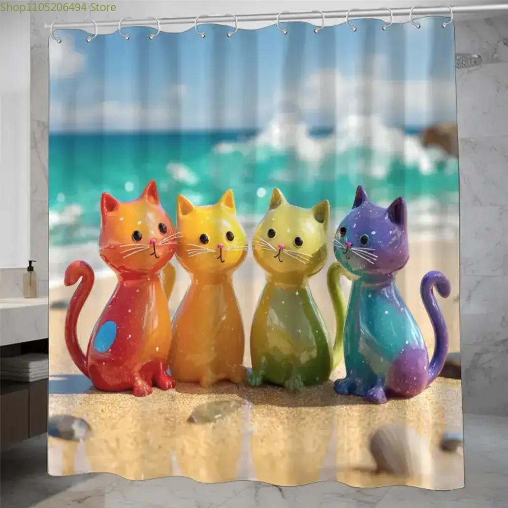 Home Decor Bathroom Ideas - Tirai Mandi Kucing Pelangi Warna-warni Desain