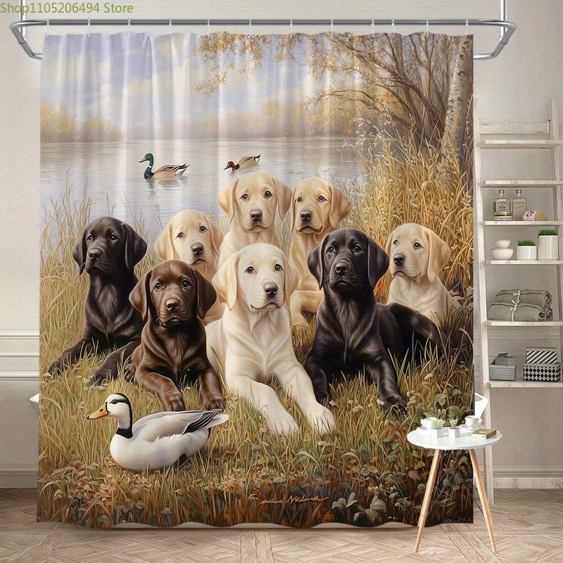 Home Decor Bathroom Ideas - Tirai Mandi Keluarga Motif Anjing Labrador,