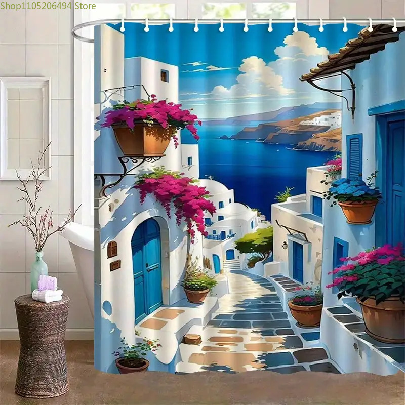 Home Decor Bathroom Ideas - Tirai Kamar Mandi Santorini, Pulau Yunani,